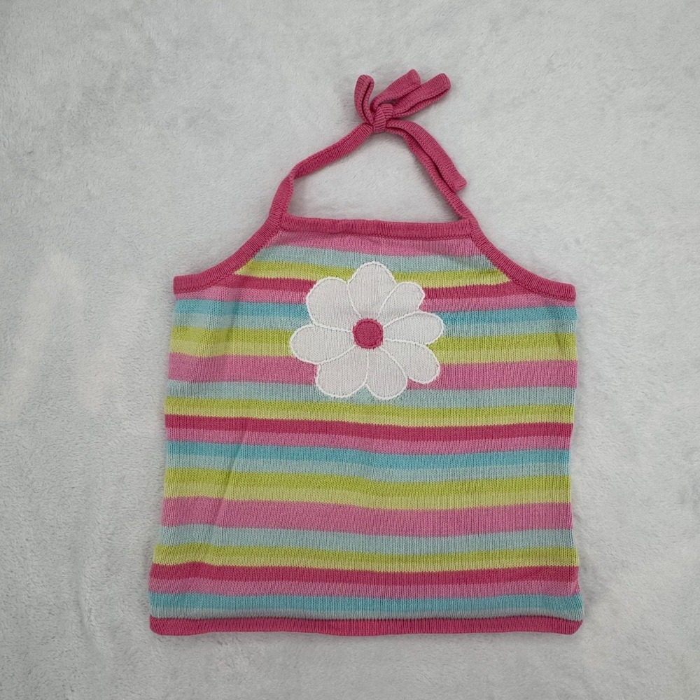 Vintage Y2K Gymboree Girls Size 8 Pink Striped Daisy Knit Halter Top 100% Cotton